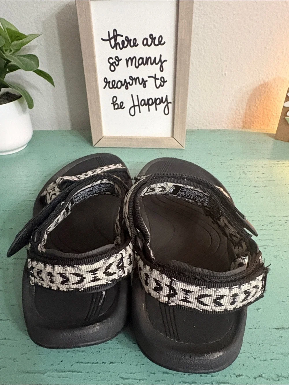 Teva Black Sandals with Black & White Patterned Webbing